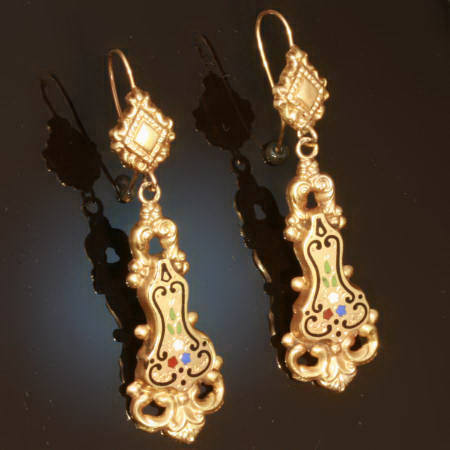 Antique floral enamel dangle earrings yellow gold, Victorian era (image 10 of 11)